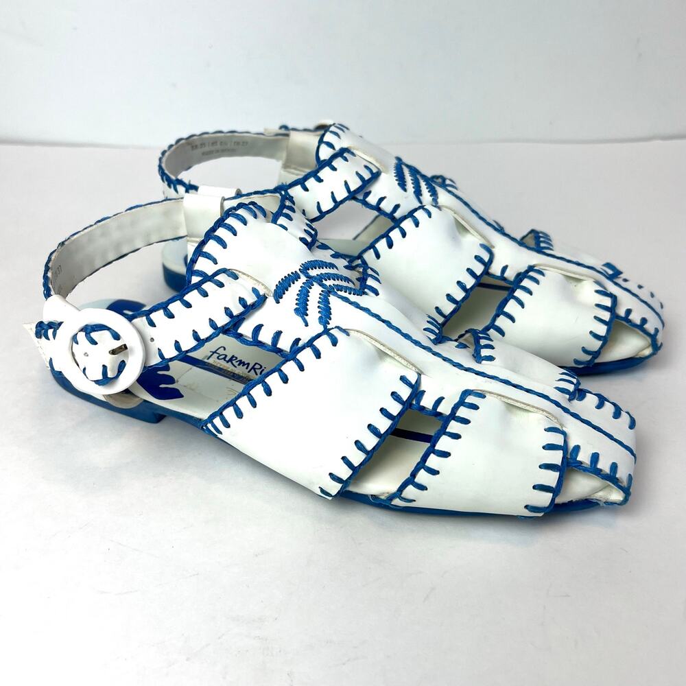 Farm Rio Blue White Vegan Leather Palm Tree Sandals Size 6.5